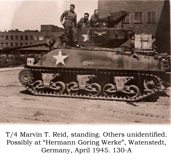 130-A T/4 Marven Reid, standing, Watenstedt, Germany April 1945