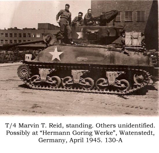 130-A T/4 Marven Reid, standing, Watenstedt, Germany April 1945