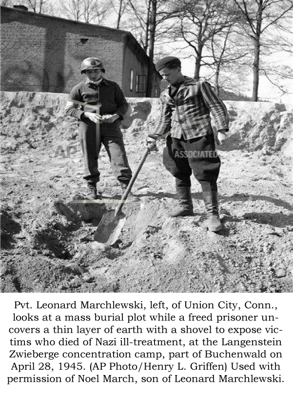 Pvt. Leo Marchlewski with freed prisoner of Langenstein 1945