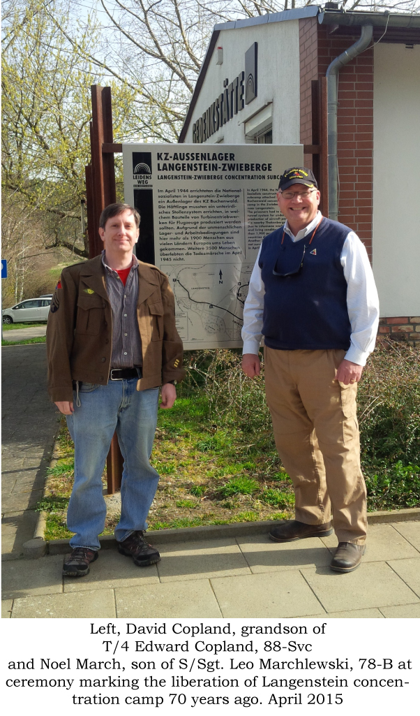 David Copland, son of T/5 Edward Copland 88-Svc and Noel March, son of Pvt. (later S.Sgt Leo Marchlewski 78-B at ceremony marking liberation of Langenstein 75 years ago. April 2015